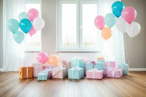 ai generado vistoso globos y regalo cajas en habitación para cumpleaños o otro celebracion, un vistoso género revelar celebracion con globos y regalos en un de madera piso, ai generado foto