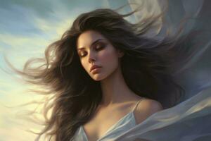 AI generated Beautiful young woman with flying hair in the wind at sunset, A beautiful tender girl in a silk top with beautiful long dark hair developing in the wind, AI Generated photo