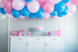 ai generado cumpleaños pastel con vistoso globos decoración en vivo habitación interior - Clásico ligero filtrar, un vistoso género revelar con rosado y azul globos en un mesa, ai generado foto