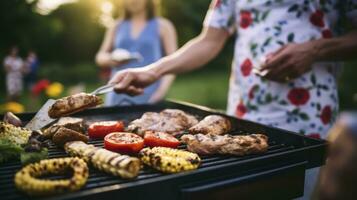 AI generated Flames of Togetherness. Celebrating Family Moments at a Garden Grill photo