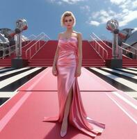 AI generated blond beautiful woman in pink dress standing on red carpet during photo