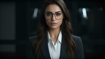 AI generated business woman with glasses poses behind gray background, photo
