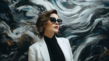 AI generated businesswoman in white and black glasses is standing in front of a painting, photo