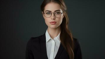 AI generated business woman with glasses poses behind gray background, photo