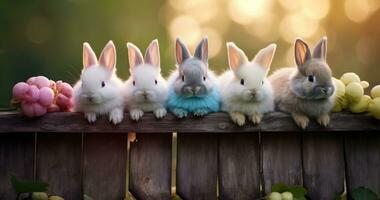 AI generated bunnies resting on a wooden fence with colored eggs, photo