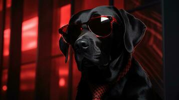 ai generado negro laboratorio vestir Gafas de sol terminado rojo Corbata en negro atuendo, foto