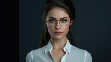 ai generado negocio mujer con lentes poses detrás gris fondo, foto