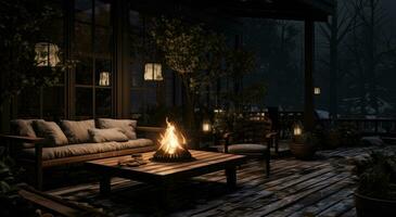 AI generated an outdoor night scene with some outdoor furniture, photo