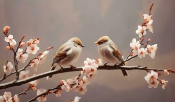 AI generated birds on the branch against cherry blossom blossoms, photo