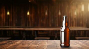 AI generated Beer bottle with blank front, realistic on a mockup template in a wooden table in a irish pub photo