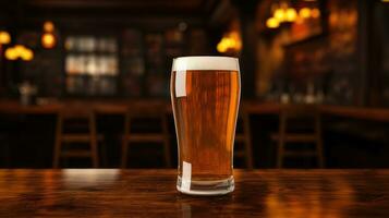 AI generated beer glass with blank front, realistic on a mockup template in a wooden table in a irish pub photo