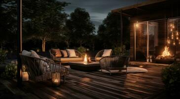 AI generated an outdoor night scene with some outdoor furniture, photo