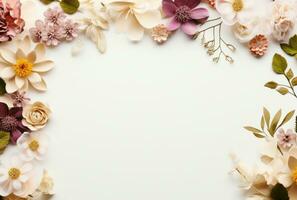 AI generated beautiful spring flowers arrangement on white paper copy space with flat lay, photo