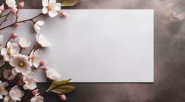 AI generated an empty paper with white flowers for wedding invitation or blank paper on gray background, photo