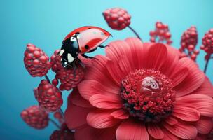 ai generado un mariquita se sienta en un rojo flor, foto