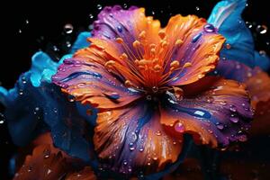 ai generado un naranja y azul flor con agua gotas, foto