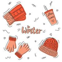 winter warm clothing outerwear accessories fashion vintage retro isolated line season cartoon flat set design warm collection textile coffee scarf autumn weather gloves snow woollies knitted wool cozy vector