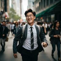 AI generated an asian man in a tie runs on a city street, photo