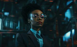 AI generated a young black woman in a suit and glasses, photo