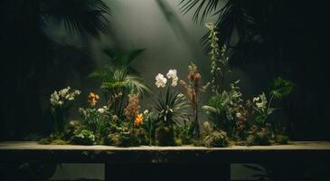 AI generated an arrangement of tropical plants that surround a flat piece of stone, photo