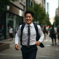 AI generated an asian man in a tie runs on a city street, photo