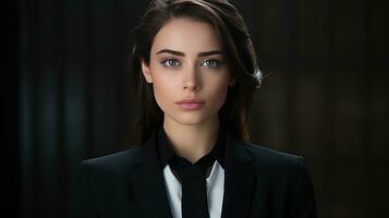 AI generated a young woman wearing a black business suit, photo