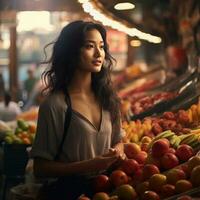 AI generated a young Asian woman buys fruit at a market stall, photo