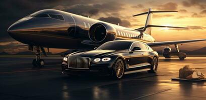 AI generated an airplane parked in front of a luxury car, wealthy portraiture, photo