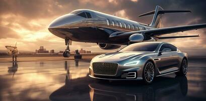 AI generated an airplane parked in front of a luxury car, wealthy portraiture, photo