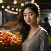 ai generado un joven asiático mujer compra Fruta a un mercado parar, foto