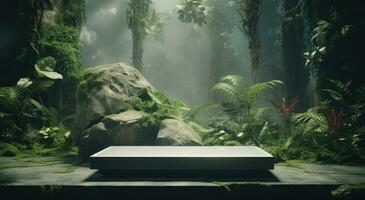 AI generated an abstract stone on a table surrounded by tropical plants, photo