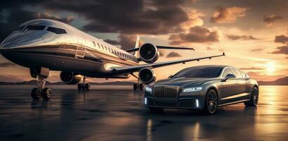 AI generated an airplane parked in front of a luxury car, wealthy portraiture, photo