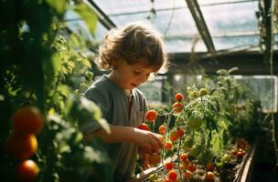 ai generado un joven chico escoge un tomate en un invernadero en el soleado día, foto