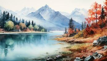 AI generated an autumn watercolor painting of a lake and mountains, photo