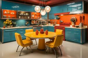 AI generated kitchen midcentury modern design, characterized by clean lines and iconic shapes, bright color from 60s and 70s photo