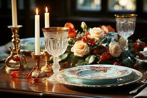 AI generated Holiday dining table set with vintage china, antique silverware, and classic Christmas centerpieces photo