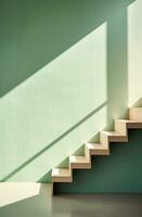 ai generado un de madera escalera con un verde póster cerca el escaleras, foto