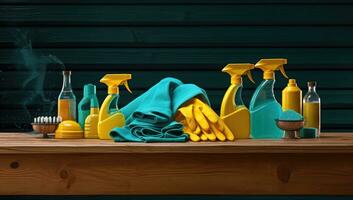 ai generado un de madera mesa muestra limpieza productos y guantes, foto