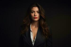 AI generated a woman poses in a business suit against a dark background, photo