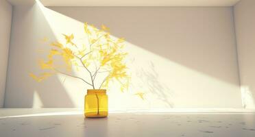 ai generado un amarillo tarro con hojas y blanco muro, foto