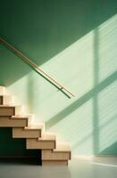 AI generated a wooden staircase with a green poster near the stairs, photo