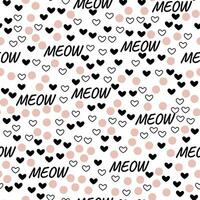 Hand drawn vector cat seamless pattern of meow and hearts