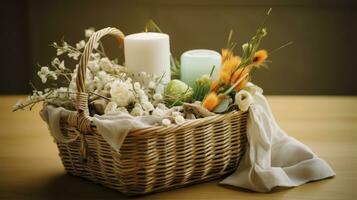 ai generado un rústico de madera cesta con vibrante flores y un calmante vela foto