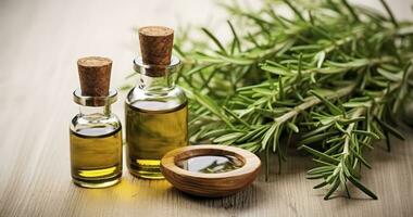AI generated Herbal Harmony - Natural rosemary essential oil with fresh rosemary twigs photo