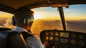 AI generated The Graceful Flight of a Helicopter Pilot Bathed in the Evening's Golden Light photo