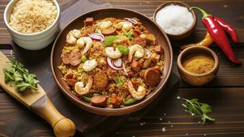 AI generated Rustic Revelry - A Hearty Serving of Jambalaya, Infused with Chicken, Sausage, Shrimp, and Bold Spices photo