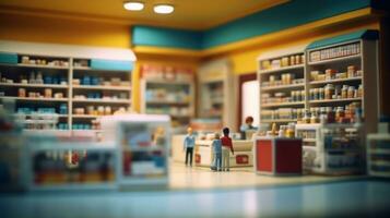 AI generated Warmly lit pharmacy interior with a pharmacist working among aisles of blurred medicine bottles, emphasizing healthcare service photo