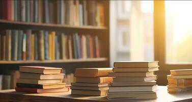 AI generated Stacks of books bathed in warm sunlight on a wooden table, with a blurred bookshelf in the background, evoking a peaceful reading nook atmosphere photo