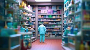 AI generated Warmly lit pharmacy interior with a pharmacist working among aisles of blurred medicine bottles, emphasizing healthcare service photo