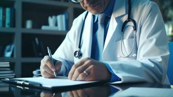 AI generated A focused male doctor in a lab coat and stethoscope taking notes, depicting professionalism and dedication in healthcare photo